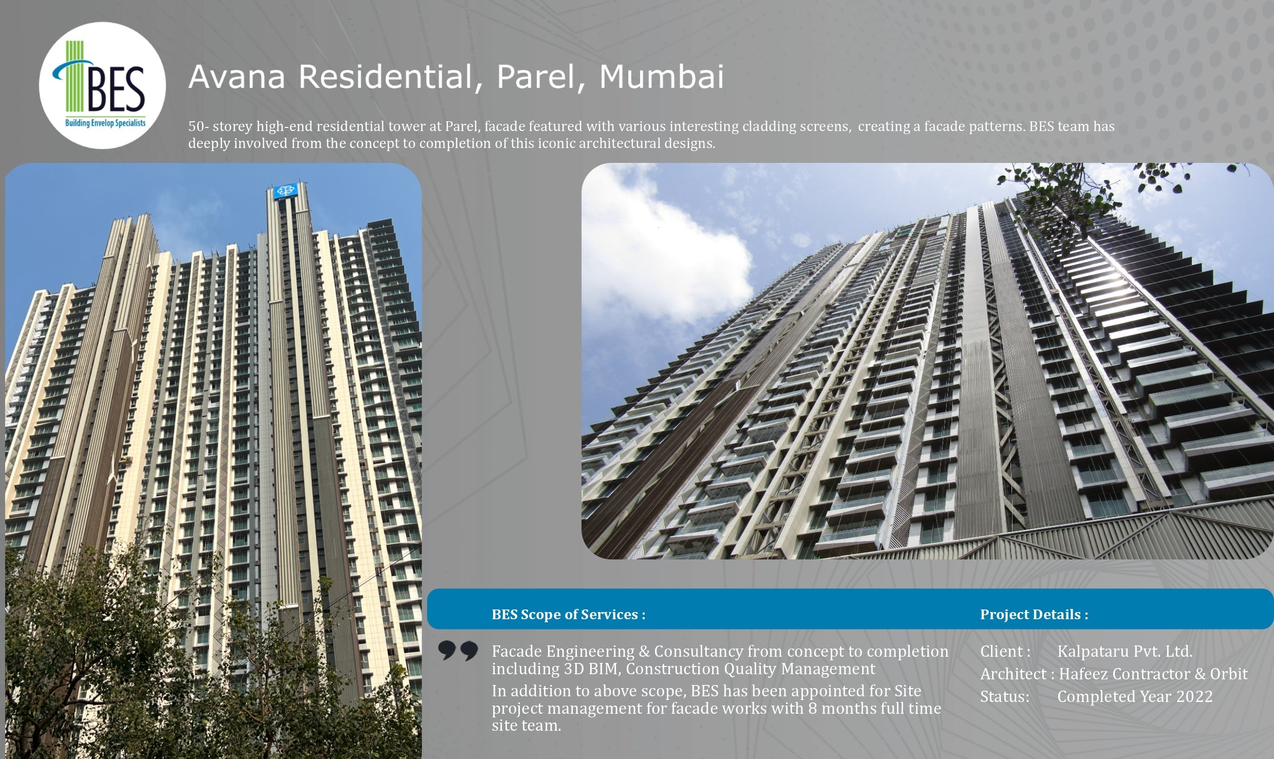 Material and glass specifications for Avana façade project by BES Consultants.