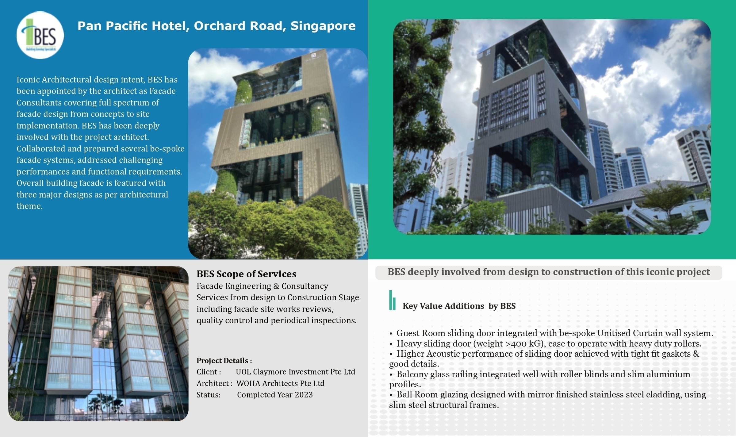 Pan Pacific Singapore façade glass and material specifications prepared by BES Consultants for project technical documentation.