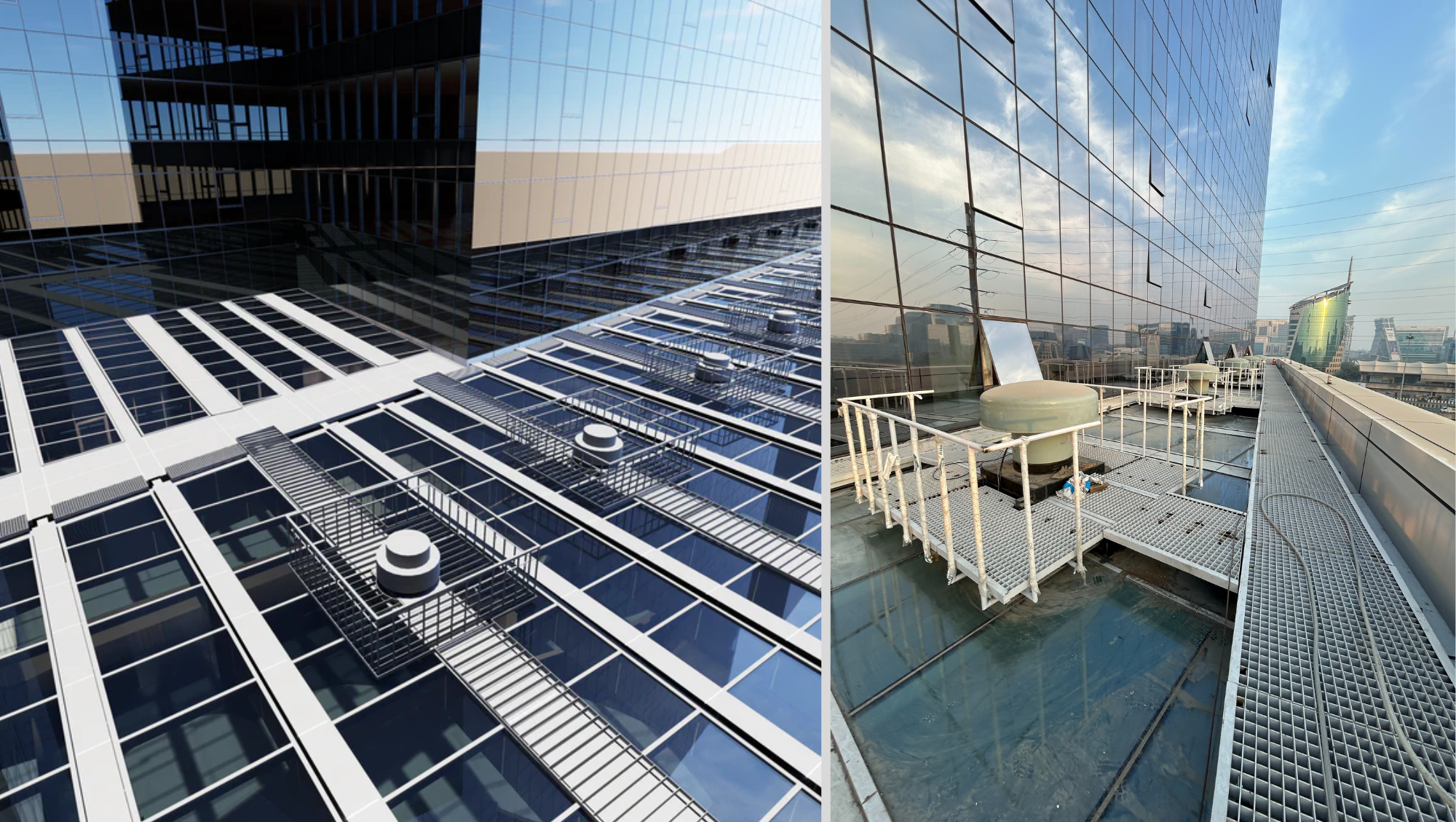 Comparison of BIM façade model and completed glass façade showing accurate design coordination and construction execution.