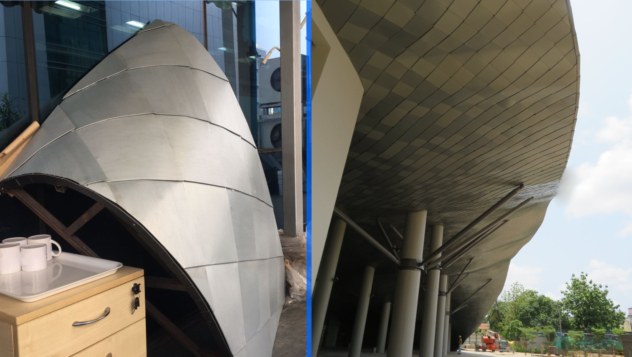 Modern architectural structure with curved metal facade
