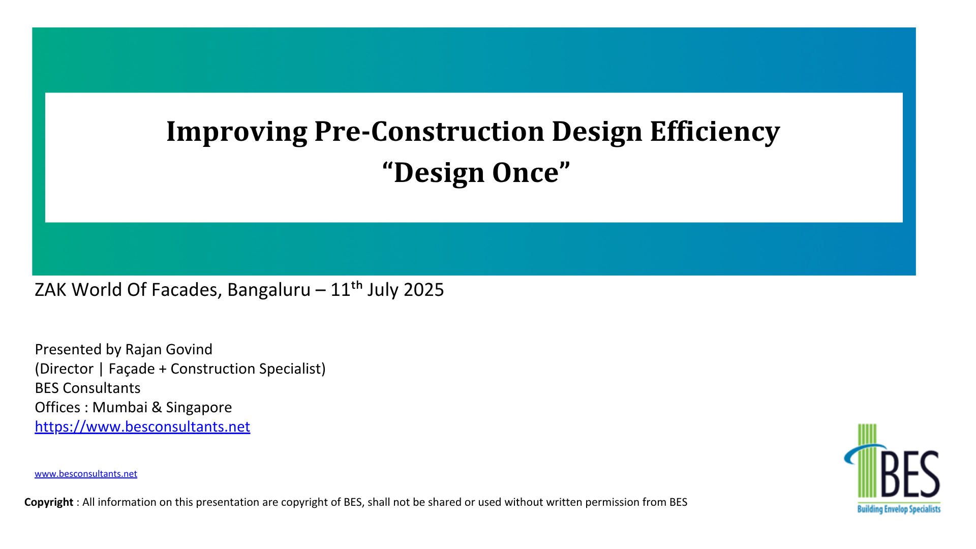 Presentation slide about improving pre-construction design efficiency with ZAK World Of Facades event details.
