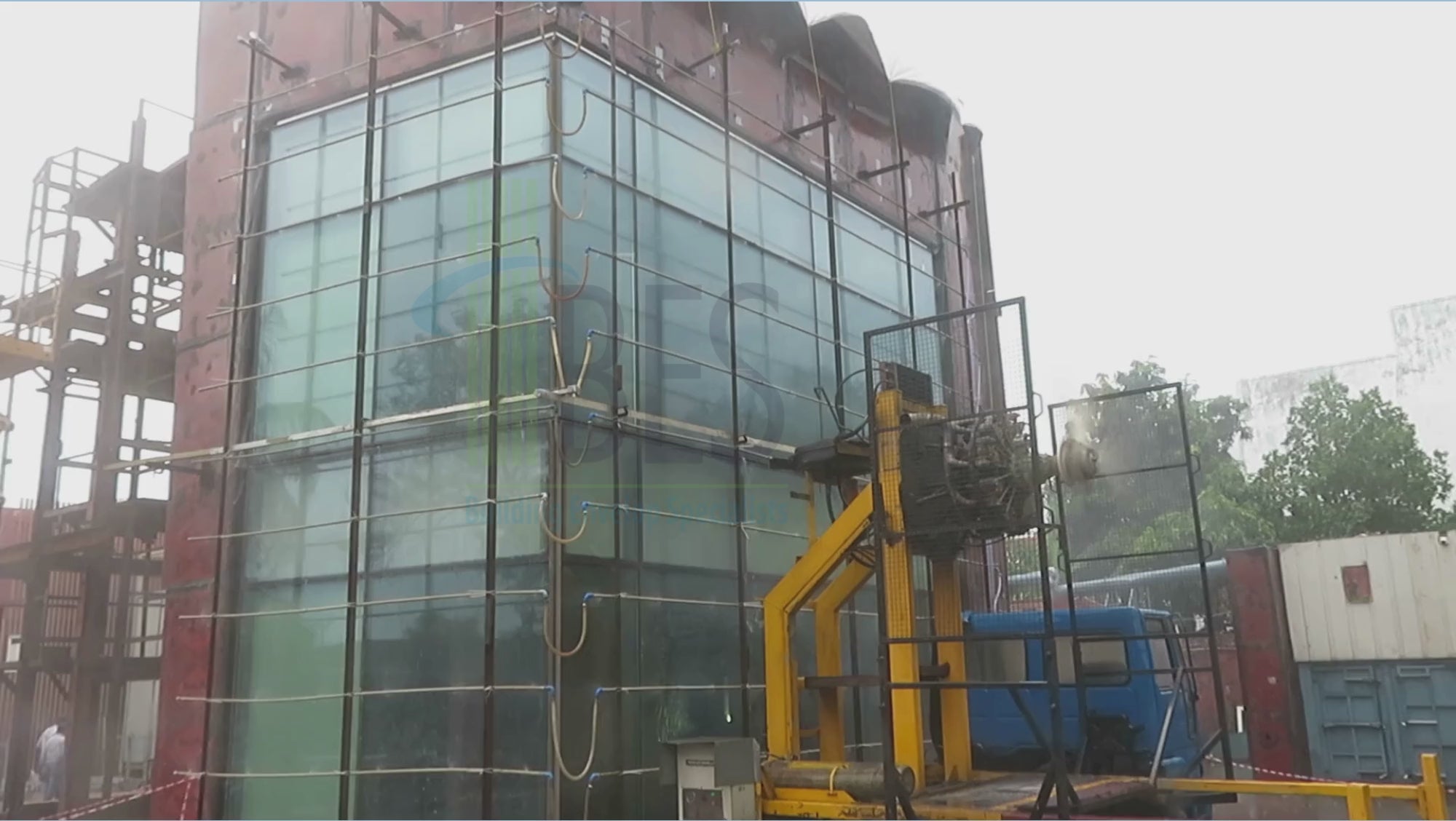 Load video: Full-scale façade mock-up performance testing of the glass curtain wall system at W Hotel Bangalore, demonstrating water penetration, air infiltration, and structural performance validation