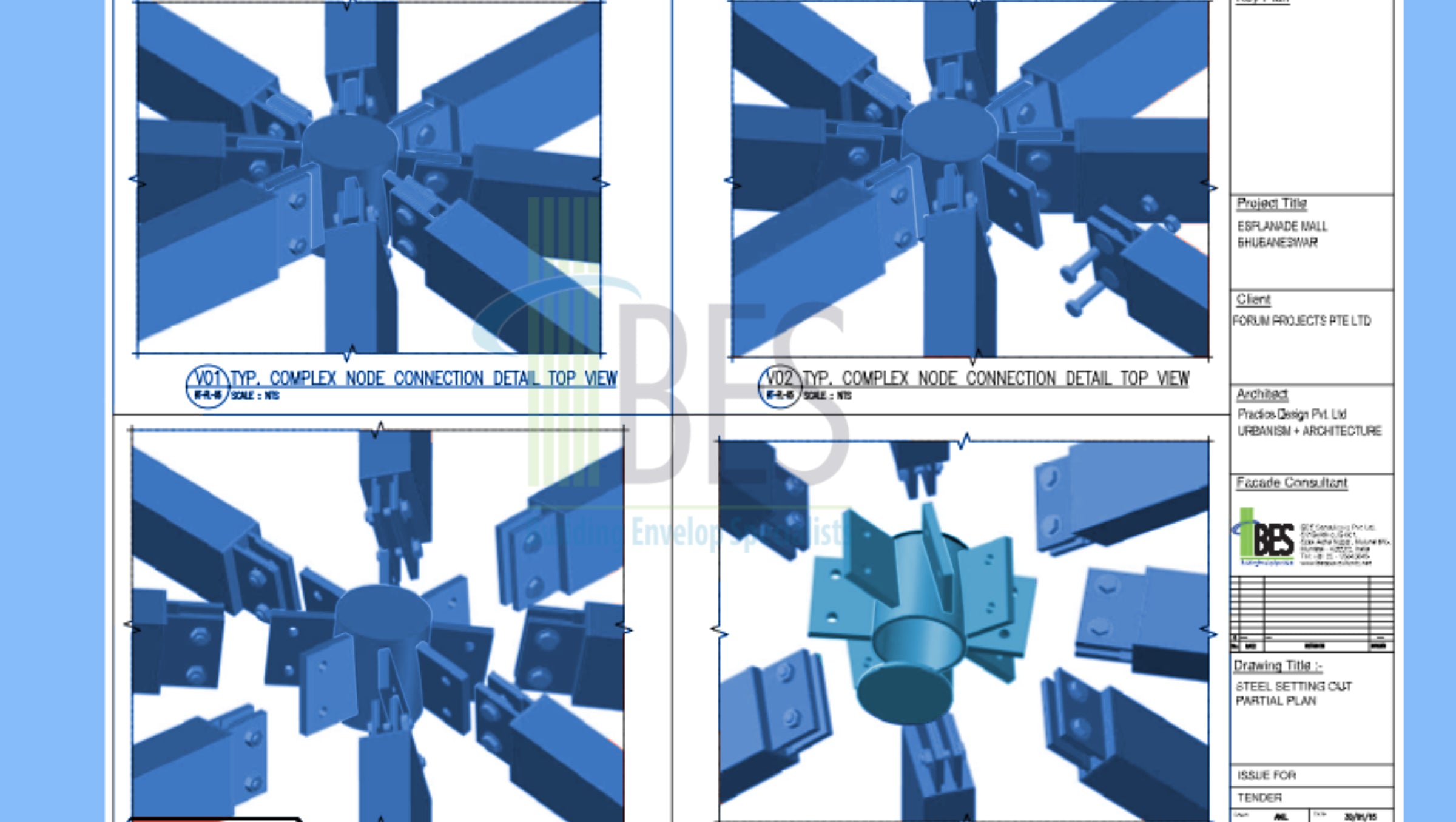 Technical drawings of a complex node connection with detailed views.
